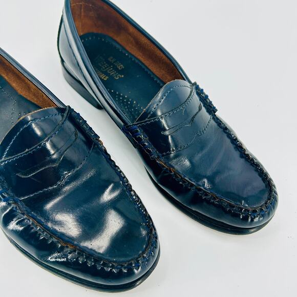 Vintage 90s G.H. Bass Weejuns Whitney Navy Blue Patent Leather Penny Loafers - Picture 1 of 9